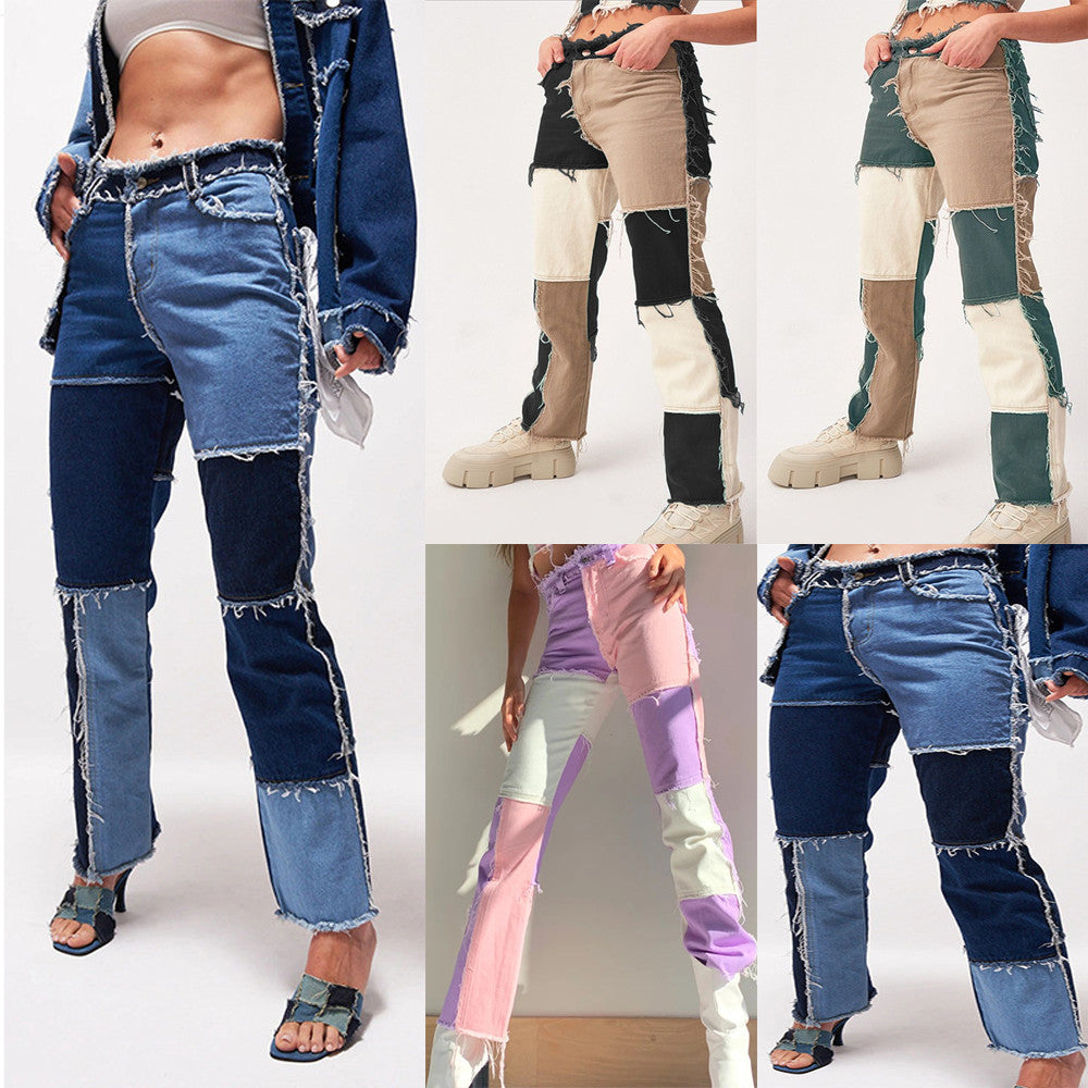 High Elastic Stitching Raw Edge Women's Straight-leg Jeans