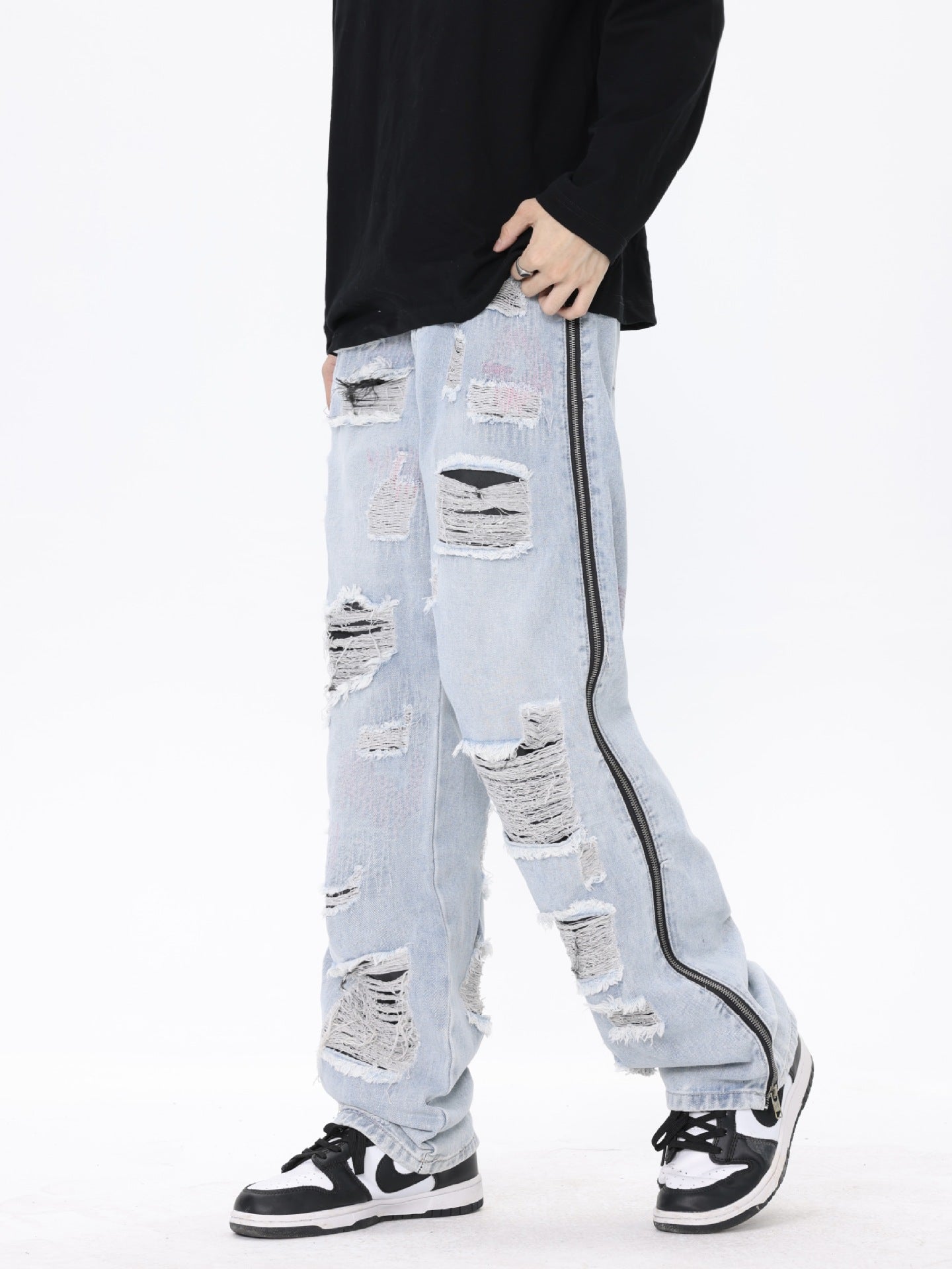 American Street Retro Tattered Jeans Washed Jeans